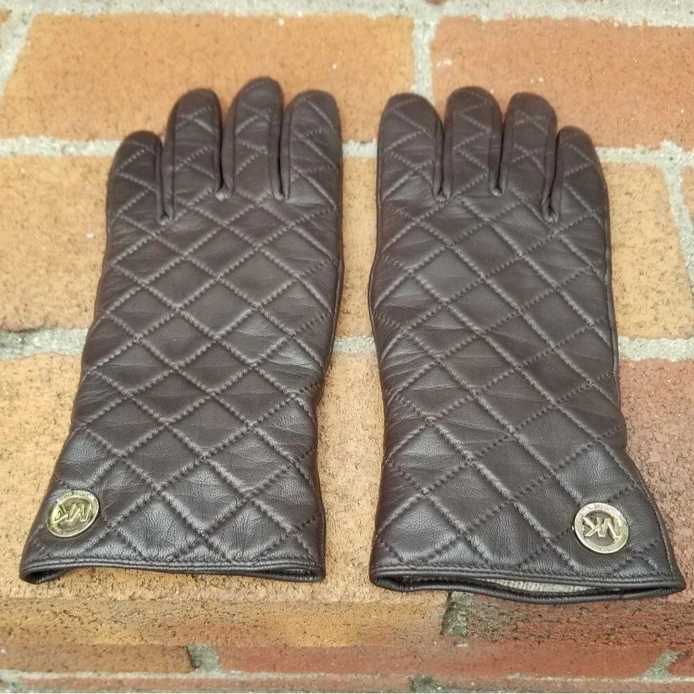 Michael Kors Quilted Leather Gloves Chocolate Brown w/ Cashmere Blend Lining 7.5